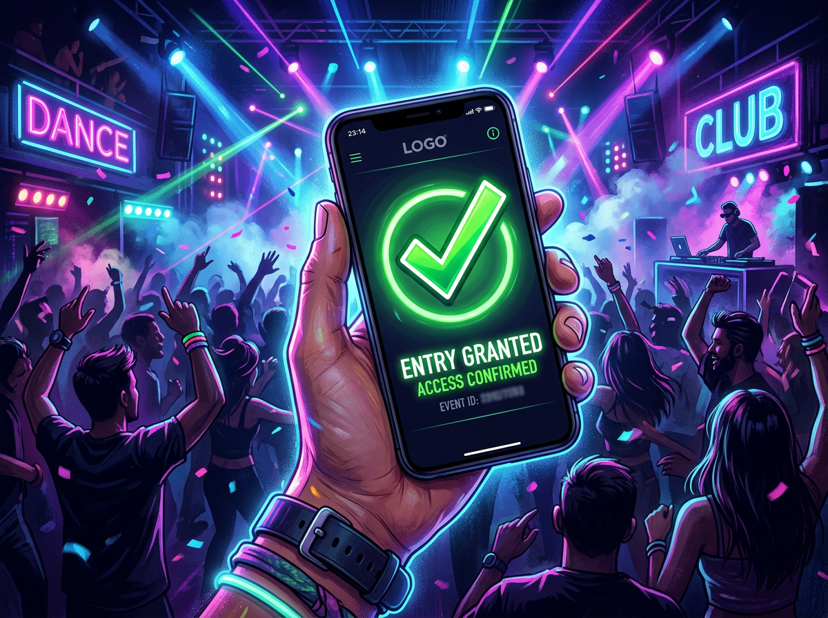 Hand holding phone displaying 'Entry granted, access confirmed' at a lively nightclub