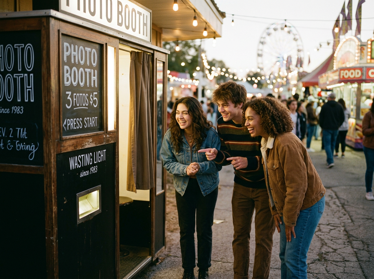 Three friends smiling and looking into a vintage photo booth at a fair with lights and rides in the background