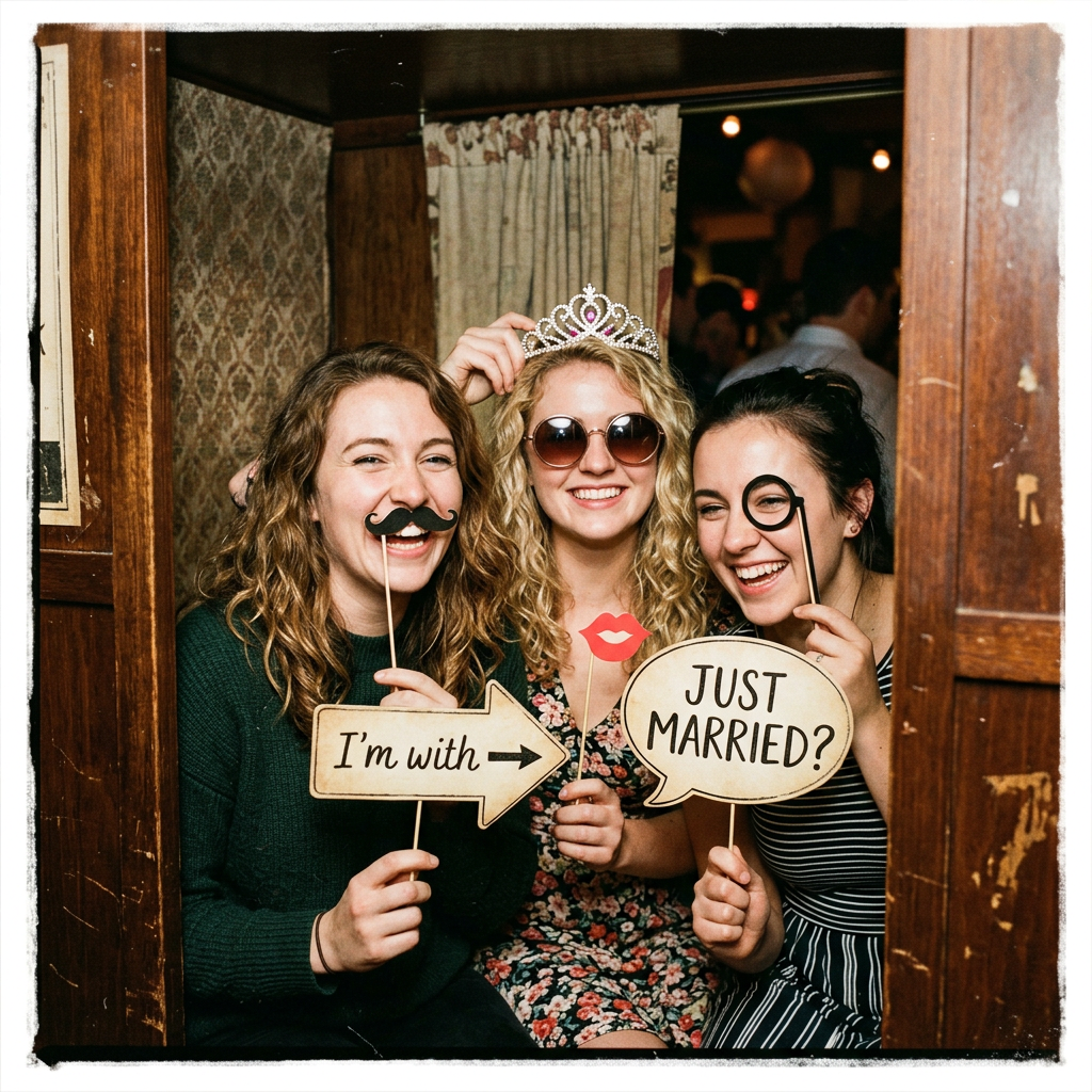 Three women smiling and holding playful wedding-themed photo booth props