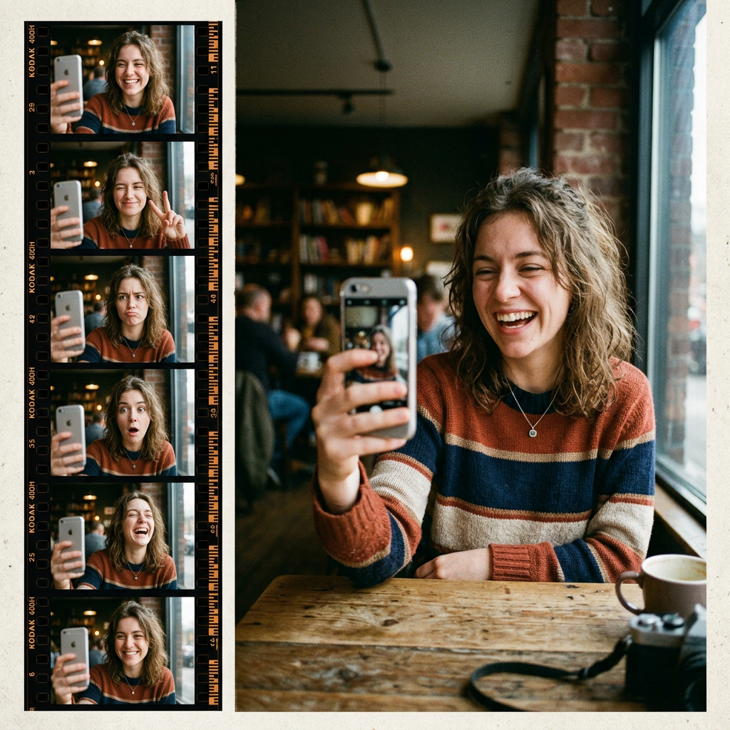 Young woman taking a selfie showing different facial expressions in a café