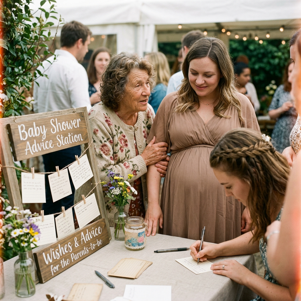 Pregnant woman and elderly woman at baby shower advice station with guests writing notes