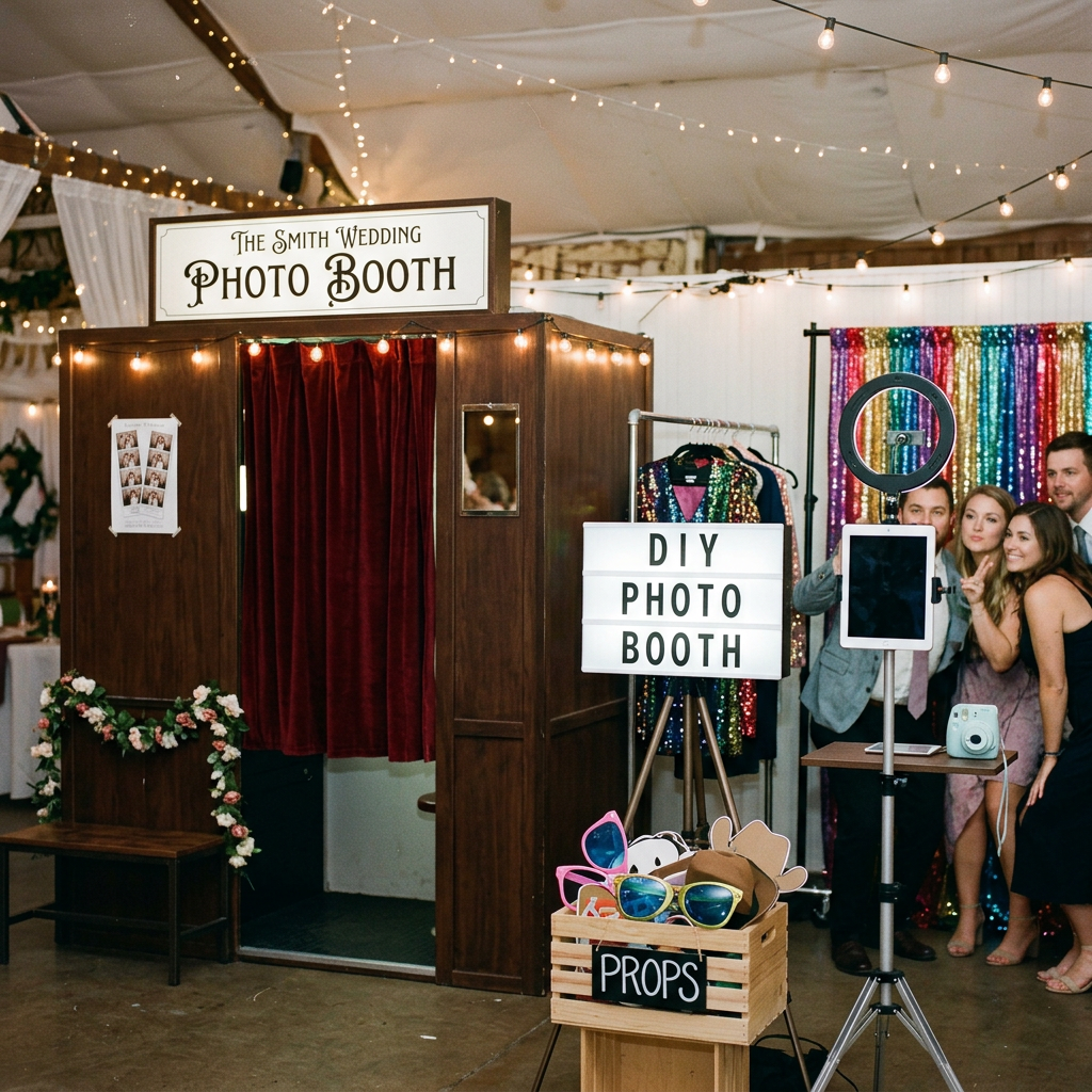 Guests taking photos with props next to a wooden wedding photo booth