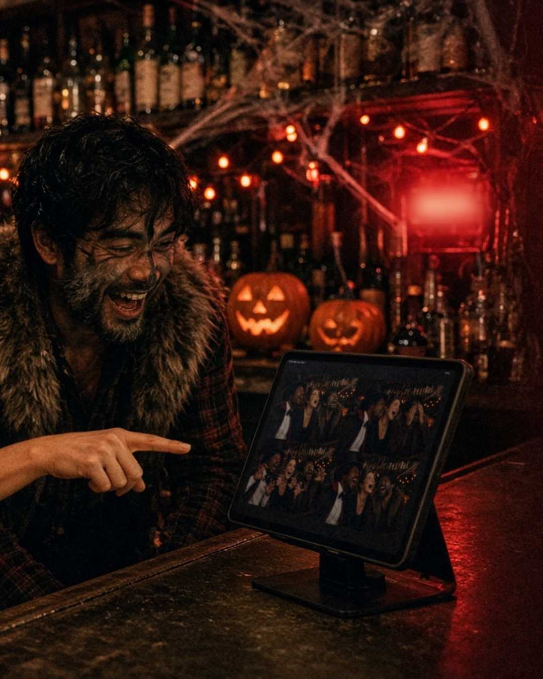 A man dressed as a werewolf laughs and points at an iPad on a bar-top stand showing a 2x2 grid, with jack-o'-lanterns and bottles behind the bar.